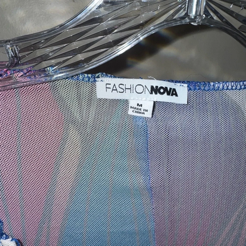 FASHION NOVA Vibrant Multicolor Mesh Jumpsuit | Criss Cross Tie Front | Size M - Picture 4 of 6